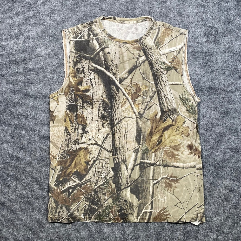 Realtree AP HD Camo Sleeveless Shirt Mens Distressed Hunting Muscle Tan Brown